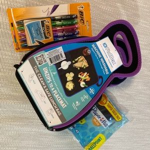Flat Box Lunch Bag. Bic pens. Paper mate pens.